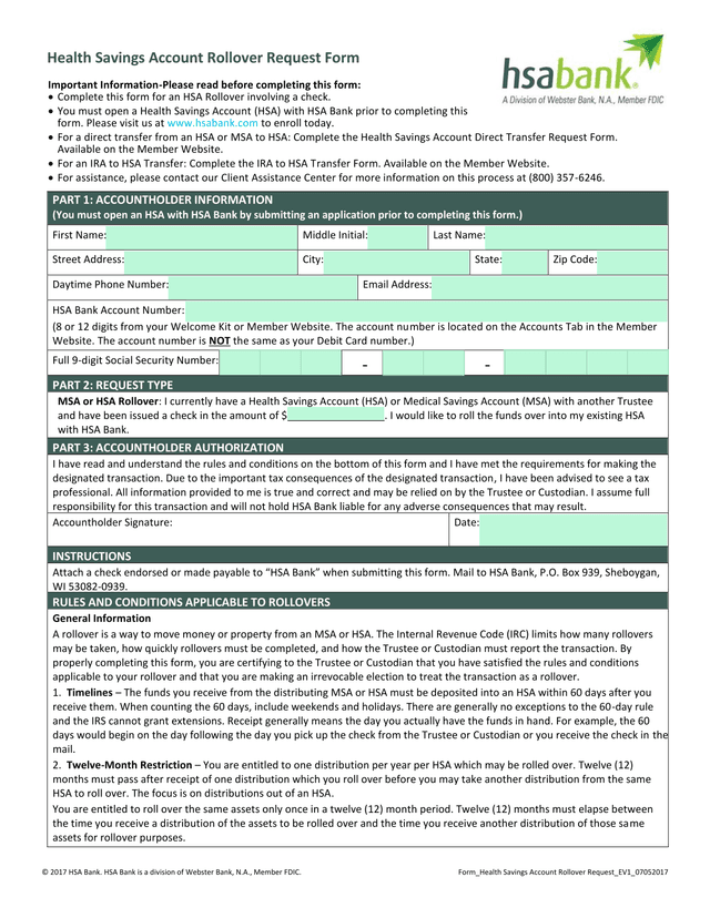 Health Savings Account Rollover Request Form screenshot