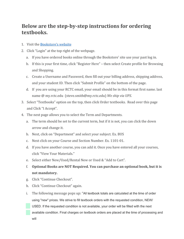 Textbook Ordering Instructions screenshot