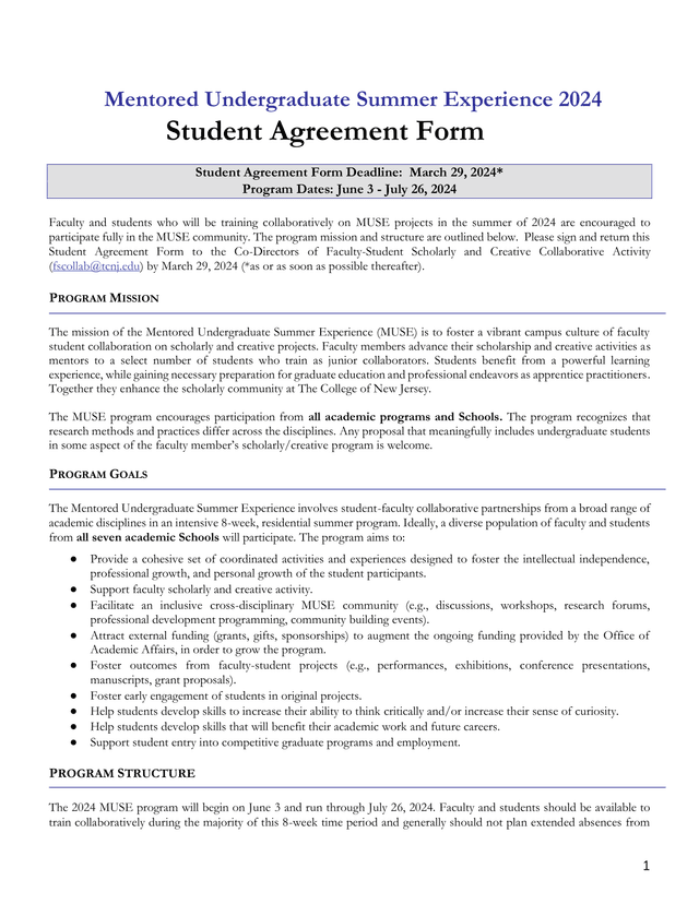 Mentored Undergraduate Summer Experience 2024 Student Agreement Form screenshot