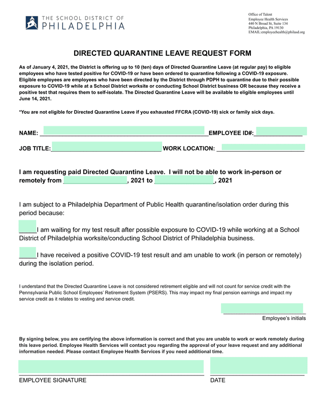Directed Quarantine Leave Request Form screenshot