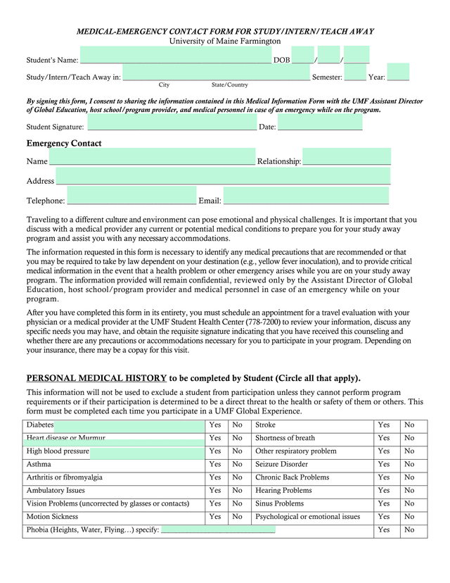 Medical Emergency Contact Form For StudyInternTeach Away screenshot