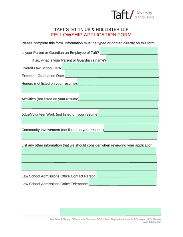 Taft Stettinius  Hollister LLP Fellowship Application Form screenshot