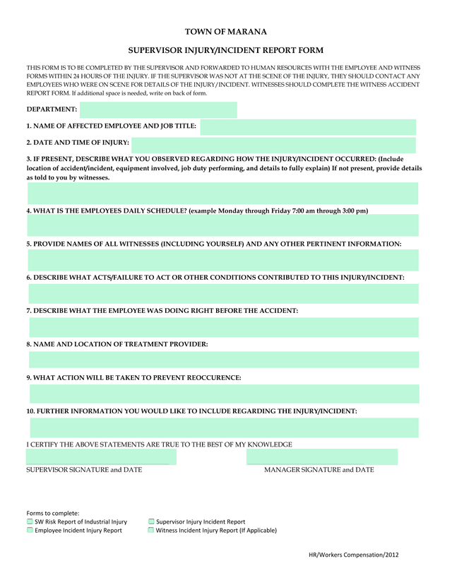 Supervisor InjuryIncident Report Form screenshot