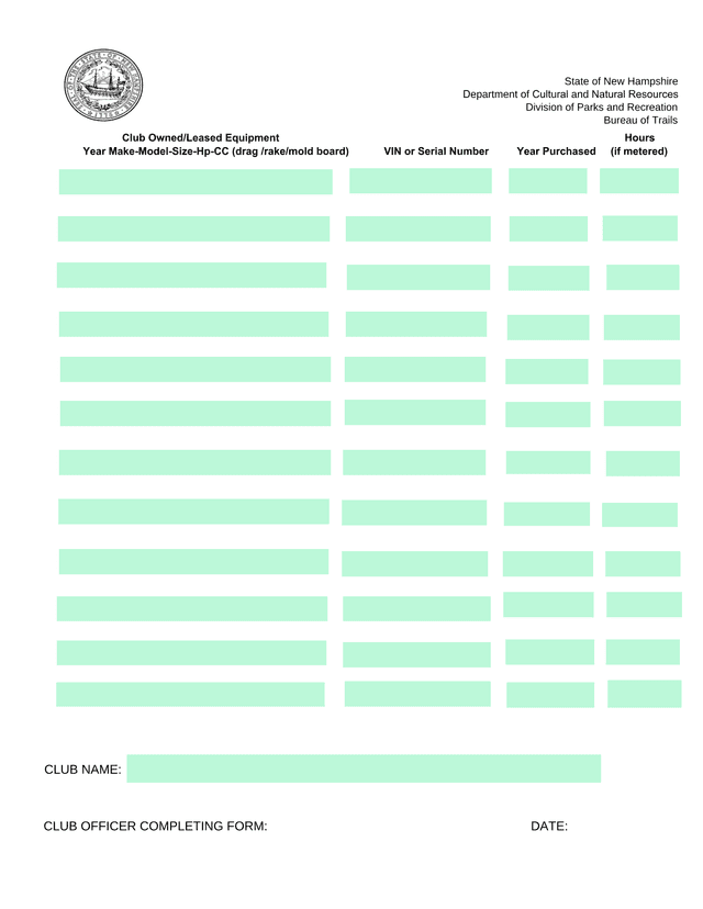 Club OwnedLeased Equipment Form screenshot