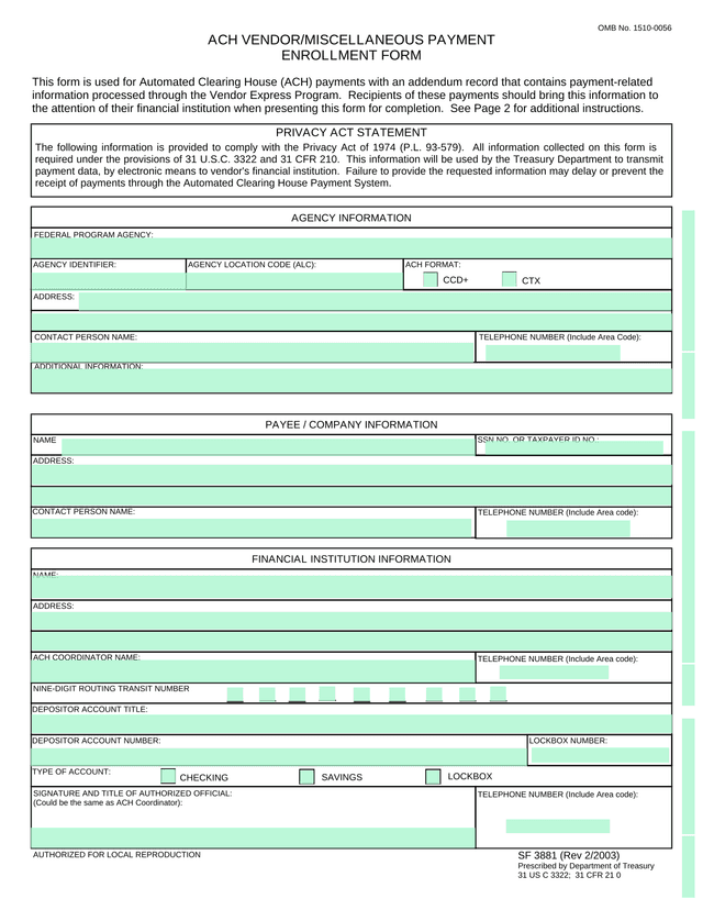 ACH VendorMiscellaneous Payment Enrollment Form screenshot