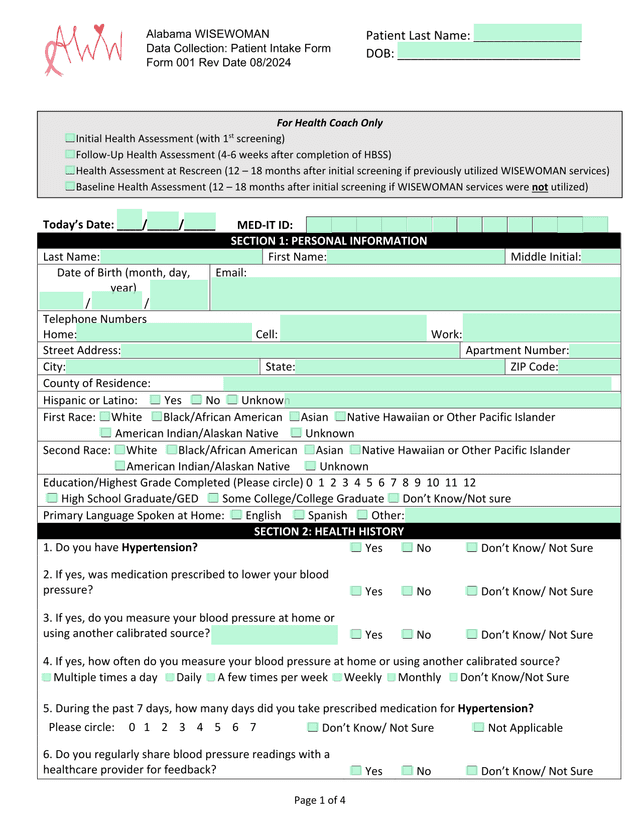 Alabama WISEWOMAN Data Collection Patient Intake Form screenshot