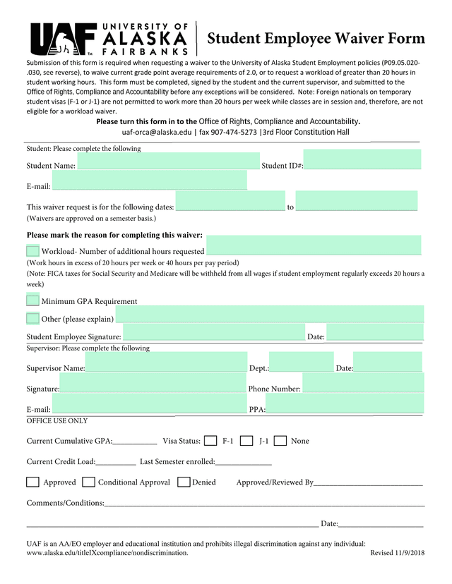 Student Employee Waiver Form screenshot