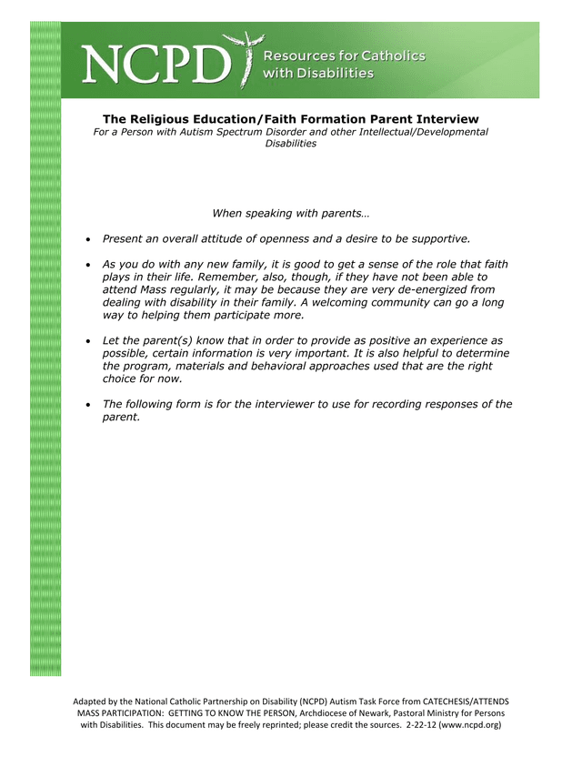 Parent Interview Form For A Person With Autism Spectrum Disorder And Other IntellectualDevelopmental screenshot