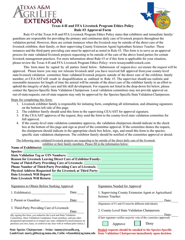 Texas 4 H And FFA Livestock Program Ethics Policy Rule 3 Approval Form screenshot