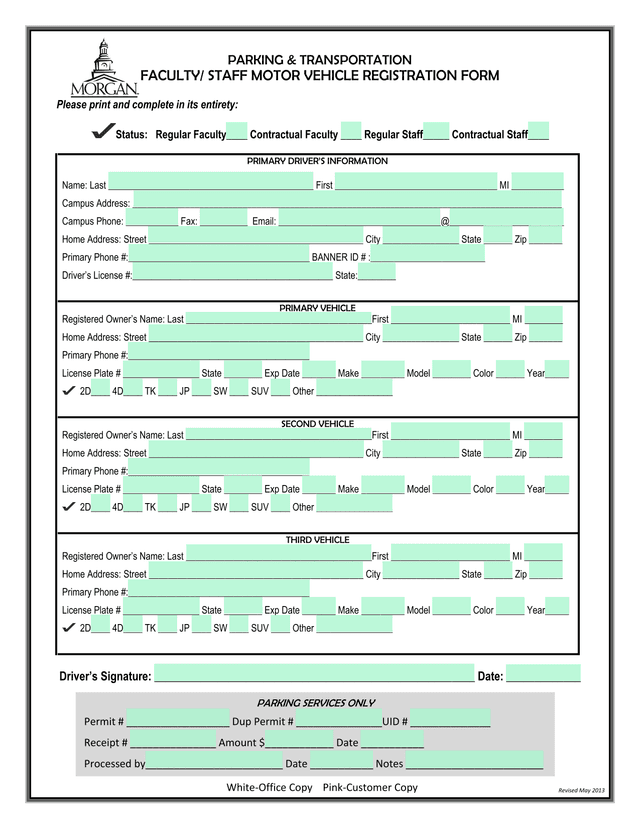 FACULTY STAFF MOTOR VEHICLE REGISTRATION FORM screenshot