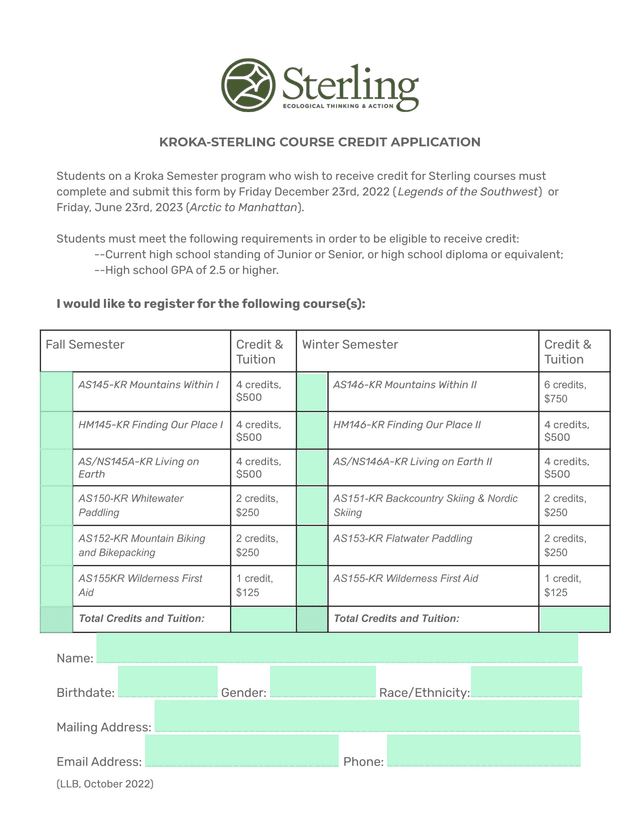 KROKA STERLING COURSE CREDIT APPLICATION screenshot