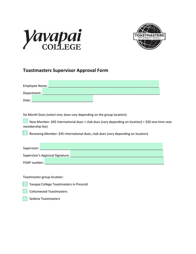 Toastmasters Supervisor Approval Form screenshot