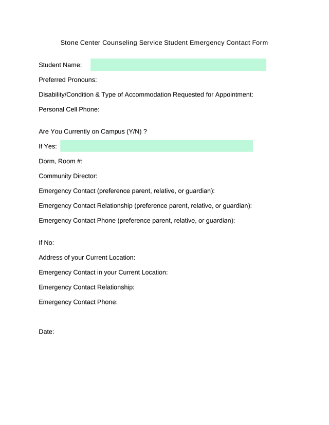 Stone Center Counseling Service Student Emergency Contact Form screenshot