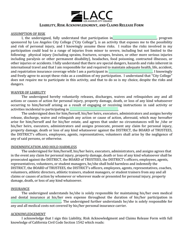 Liability, Risk Acknowledgment, And Claims Release Form screenshot