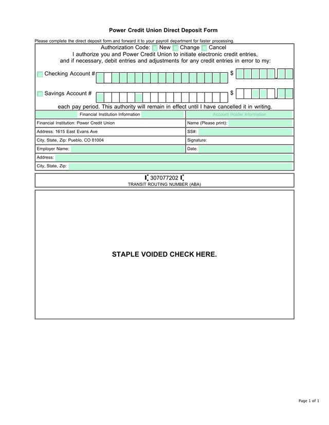 Power Credit Union Direct Deposit Form screenshot