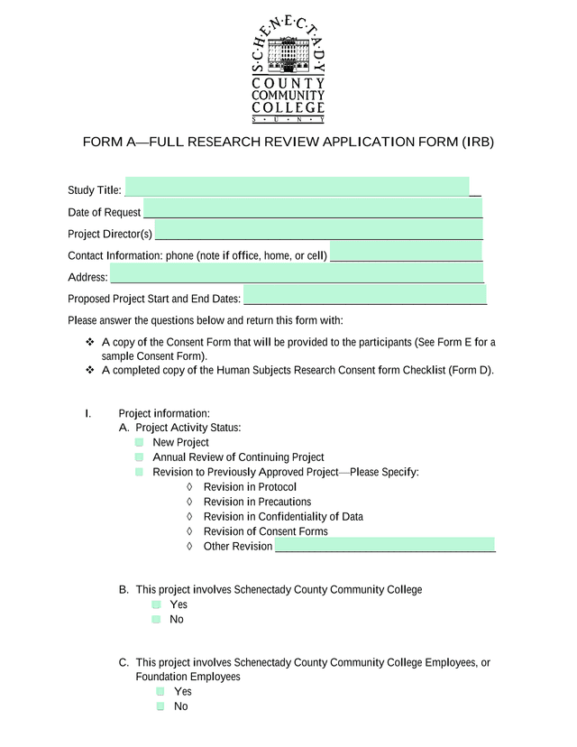 FORM AFULL RESEARCH REVIEW APPLICATION FORM (IRB) screenshot