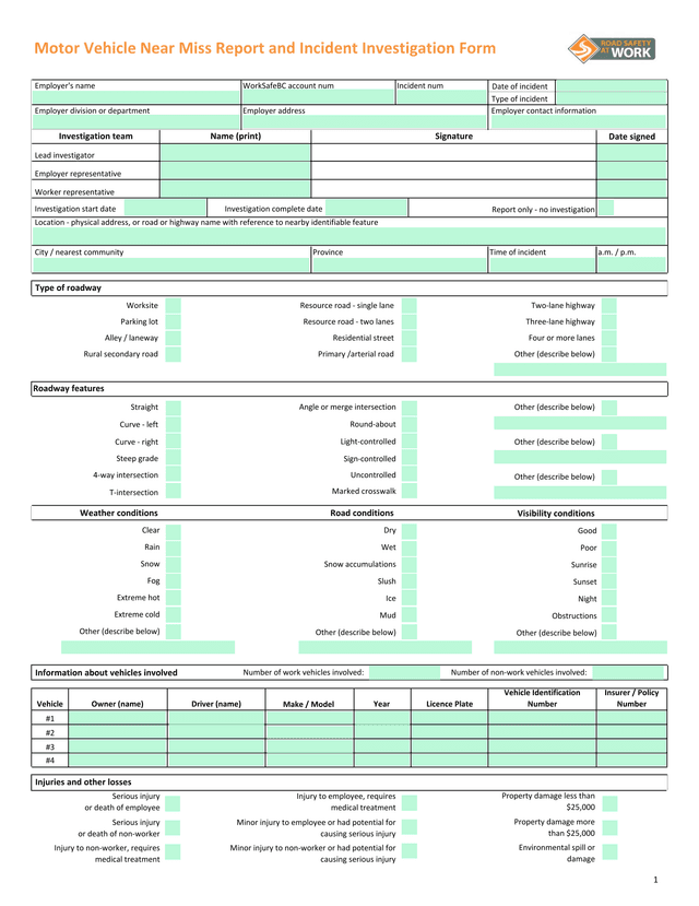 Motor Vehicle Near Miss Report And Incident Investigation Form screenshot