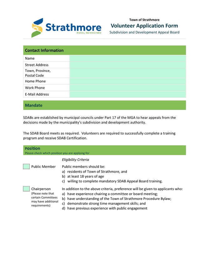 Volunteer Application Form   Subdivision And Development Appeal Board screenshot