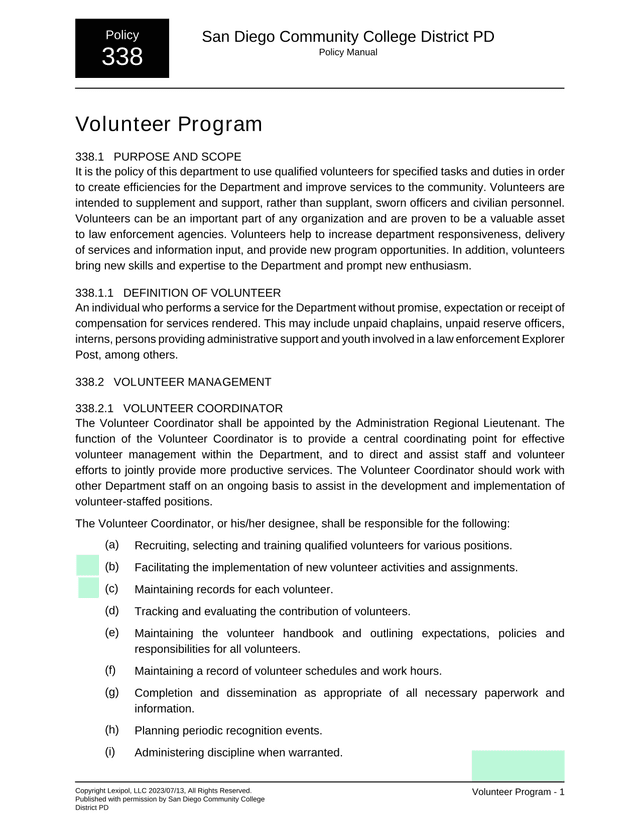 Volunteer Program Policy screenshot