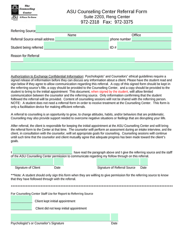 ASU Counseling Center Referral Form screenshot