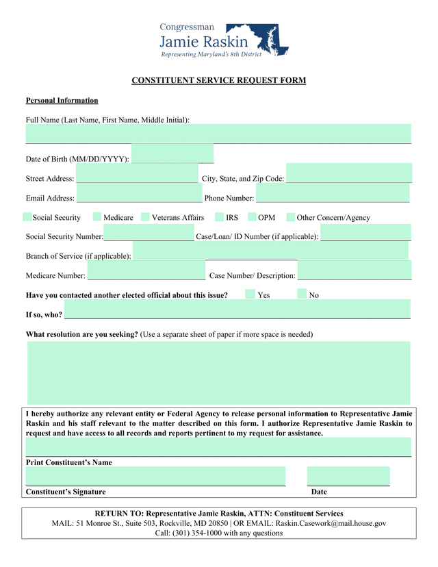 Constituent Service Request Form screenshot