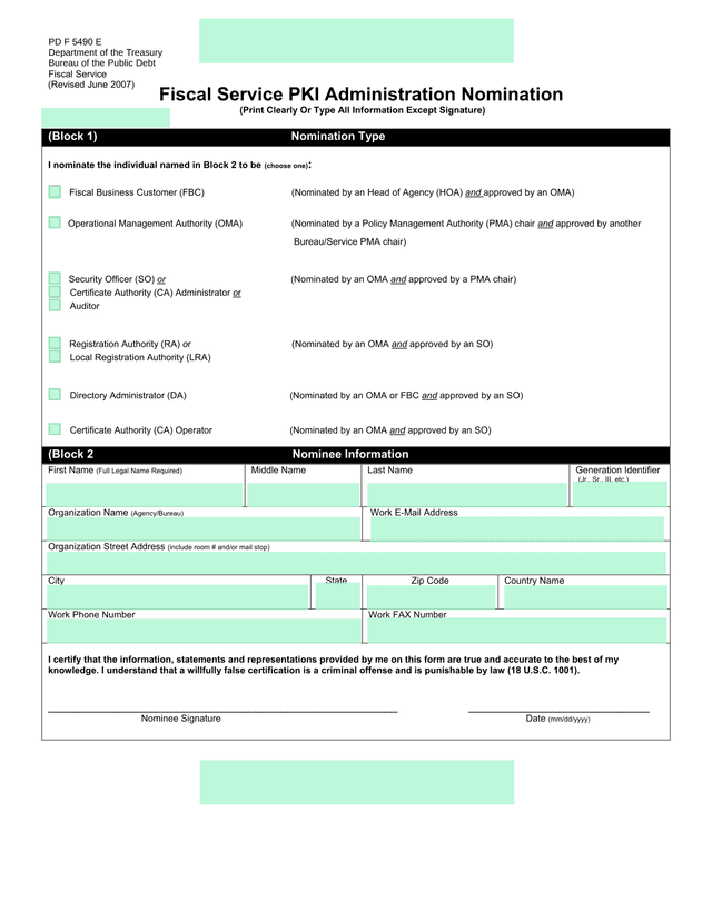 Fiscal Service PKI Administration Nomination screenshot