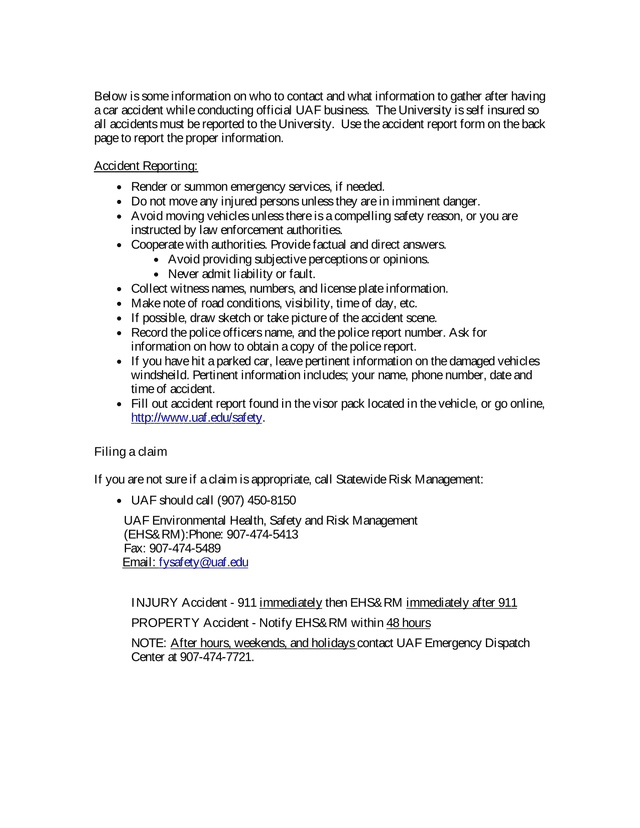 UAF Vehicle Accident Reporting Procedure screenshot