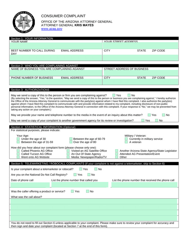 Consumer Complaint Form screenshot
