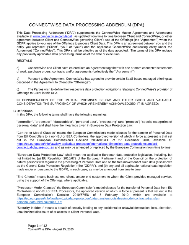 ConnectWise Data Processing Addendum (DPA) screenshot