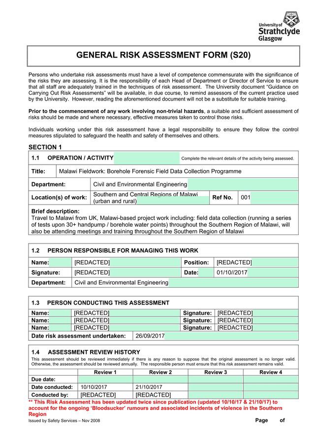 GENERAL RISK ASSESSMENT FORM (S20) screenshot