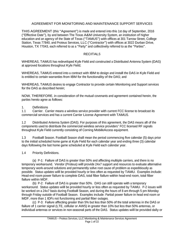 TAMUS  Proteus Services, LLC Monitoring  Maintenance Services Agreement screenshot