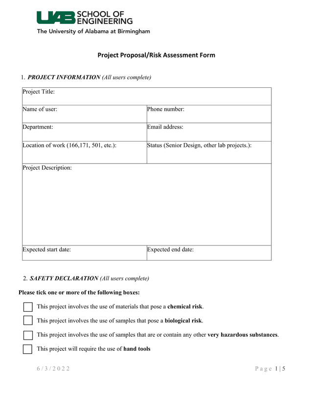Project ProposalRisk Assessment Form screenshot