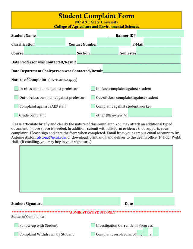 Student Complaint Form screenshot