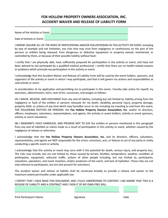 Accident Waiver And Release Of Liability Form screenshot