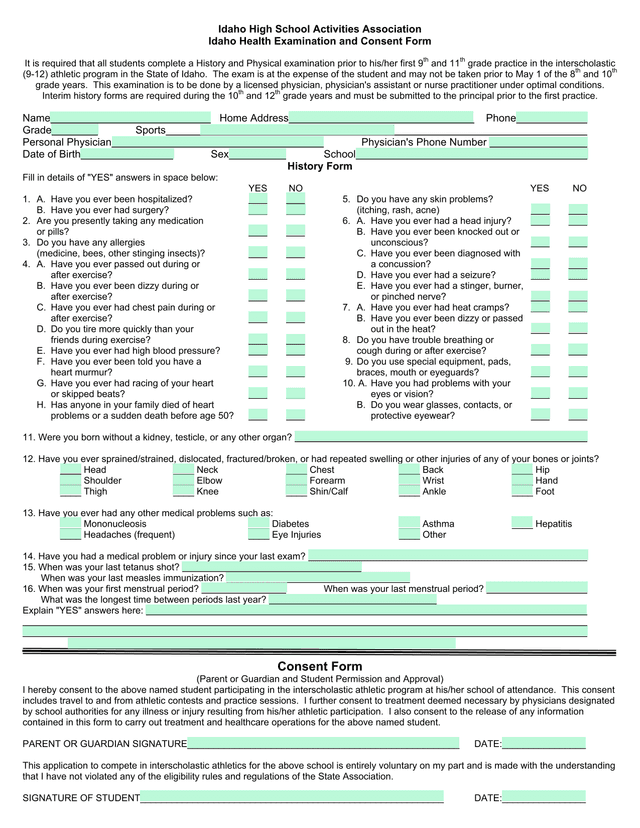 Idaho Health Examination And Consent Form screenshot