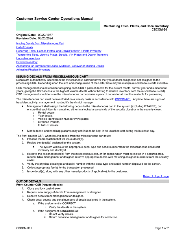 CSCOM 301 Customer Service Center Operations Manual screenshot