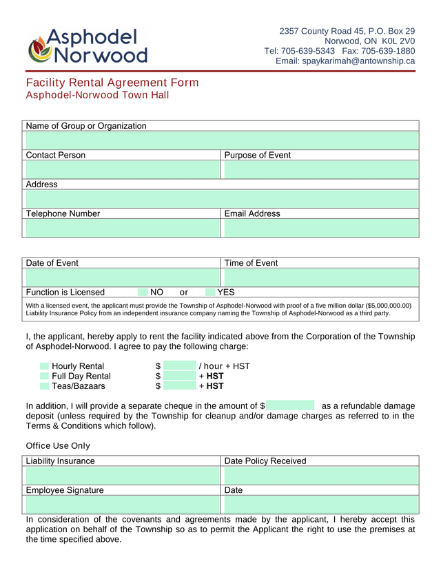 Facility Rental Agreement Form screenshot