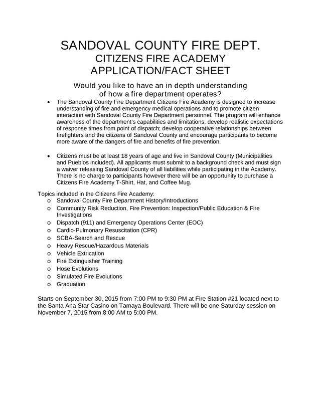 Citizens Fire Academy ApplicationFact Sheet screenshot