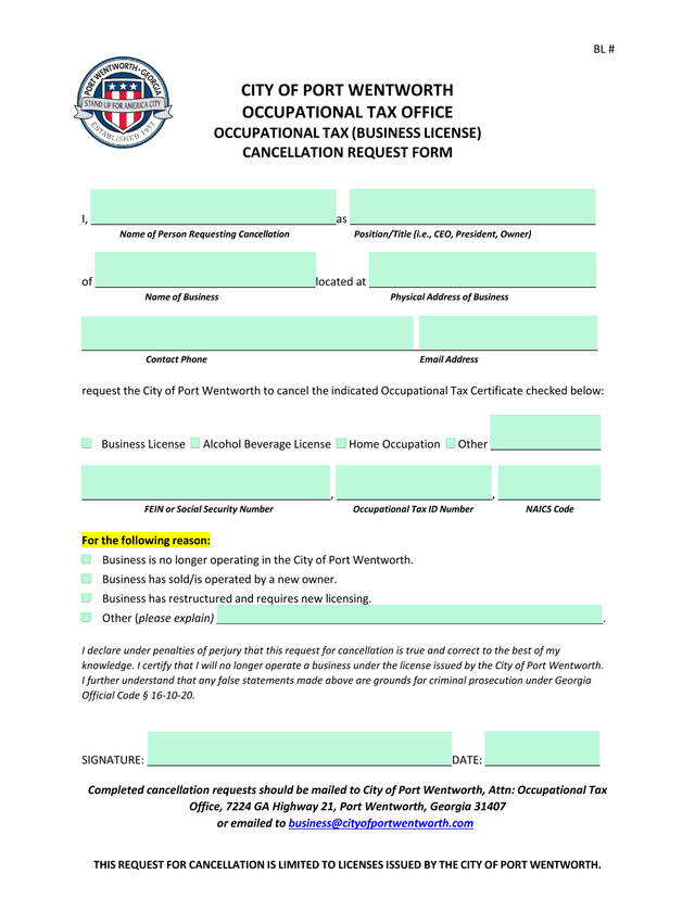Occupational Tax (Business License) Cancellation Request Form screenshot