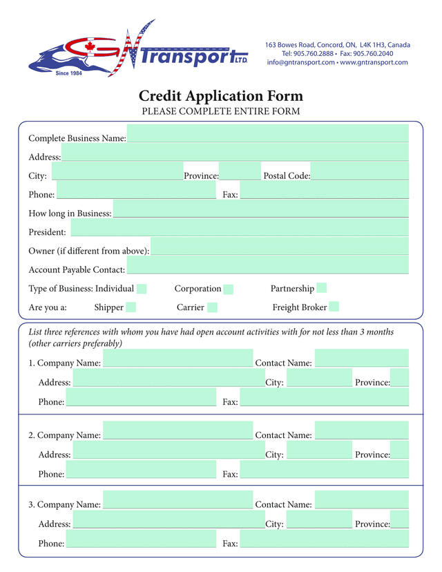 Credit Application Form screenshot