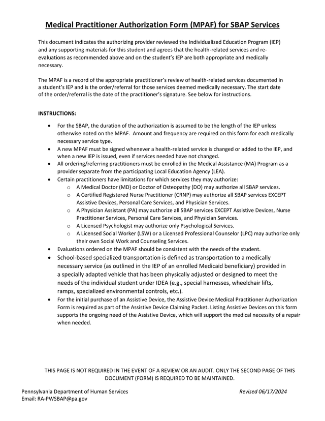 Medical Practitioner Authorization Form (MPAF) For SBAP Services screenshot
