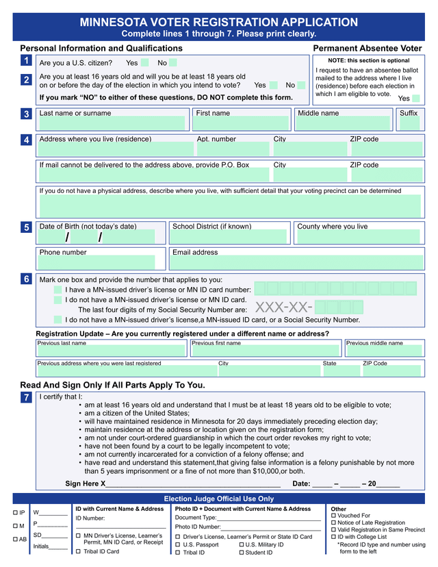 MINNESOTA VOTER REGISTRATION APPLICATION screenshot