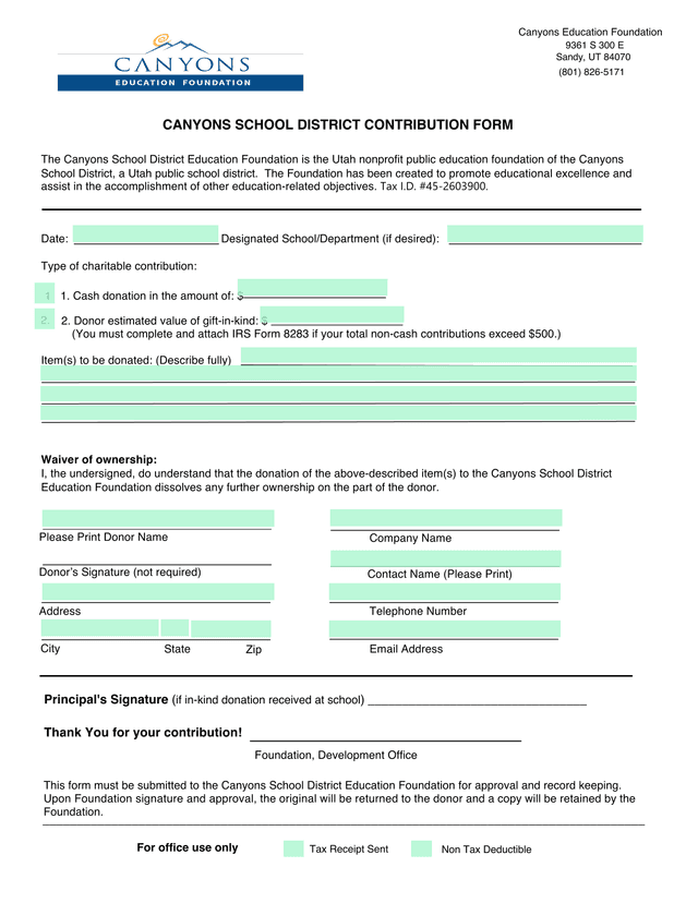Canyons School District Contribution Form screenshot