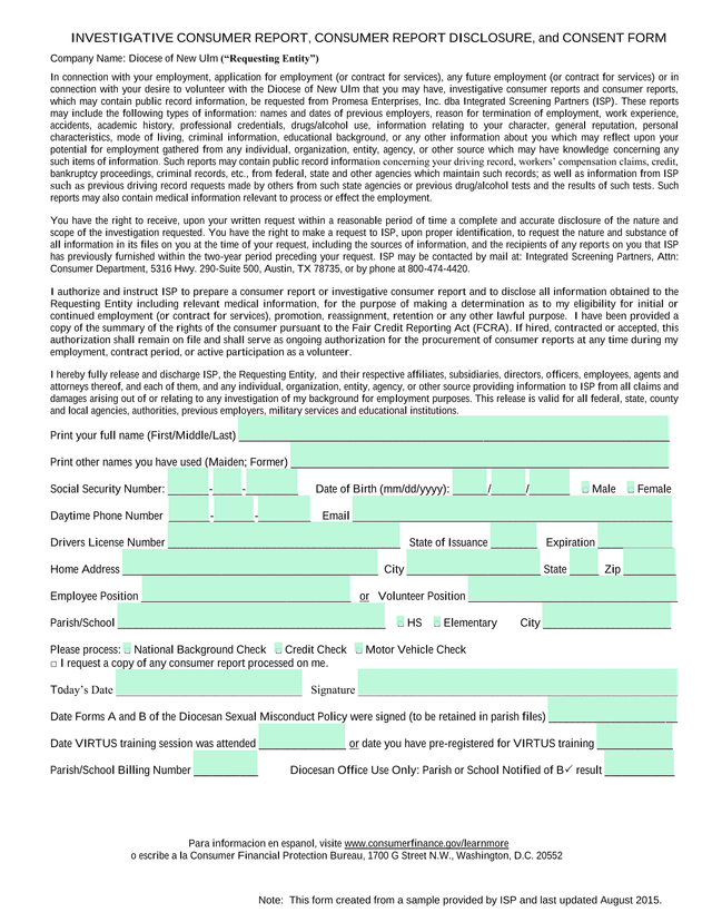 Investigative Consumer Report, Consumer Report Disclosure, And Consent Form screenshot