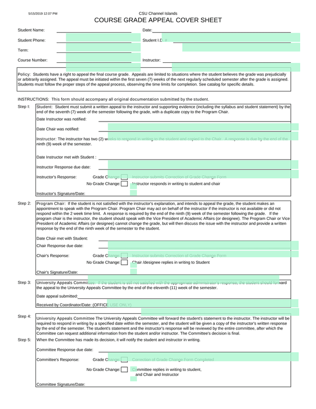 CSU Channel Islands Course Grade Appeal Cover Sheet screenshot