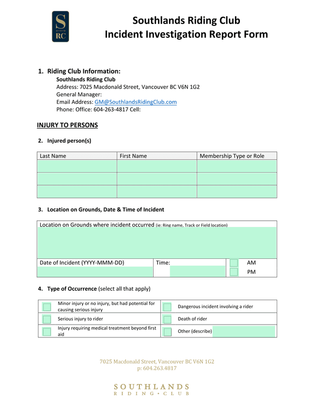 Incident Investigation Report Form screenshot