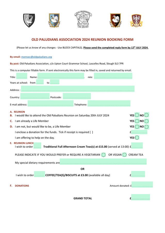 Old Paludians Association 2024 Reunion Booking Form screenshot