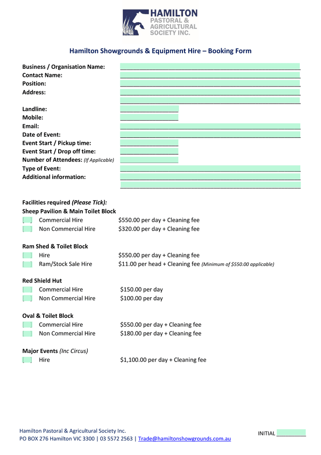 Hamilton Showgrounds  Equipment Hire  Booking Form screenshot