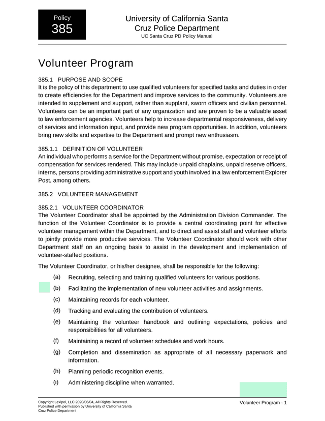 Volunteer Program Policy screenshot