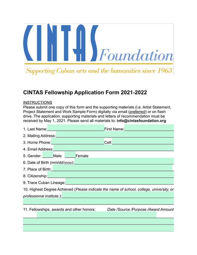 CINTAS Fellowship Application Form 2021 2022 screenshot